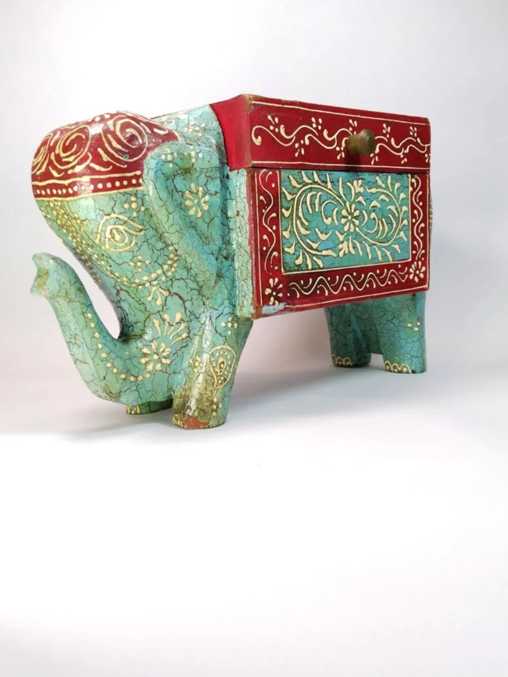 Hand Painted Wooden Elephant Jewelry Trinket Storage Box